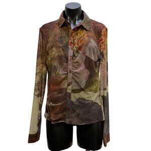 Desigual NWT Button-Up Blouse With Abstract Rustic Print In Brown & Purple XXL